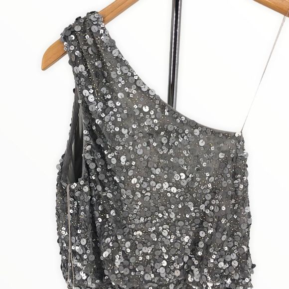 Aidan Mattox Silver Grey Sequin Beaded One Shoulder Dress Cocktail Party size 8 - Picture 7 of 13